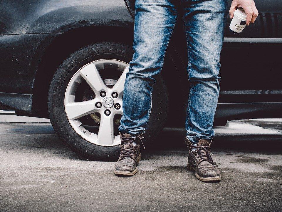 Man, Car, Coffee, Boots, Jeans, Walking, Morning