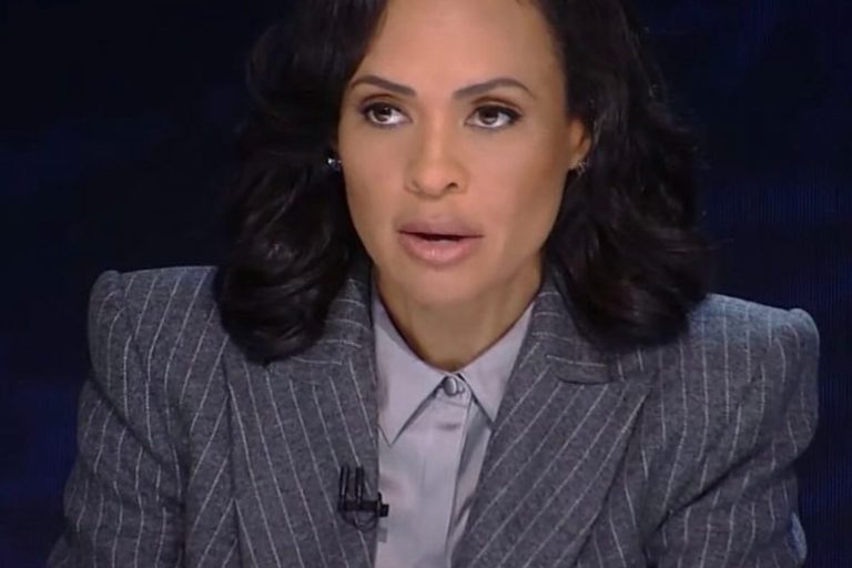 Linsey Davis Wears Alex Perry Gray Pinstriped Suit to Moderate the Presidential Debate 2024