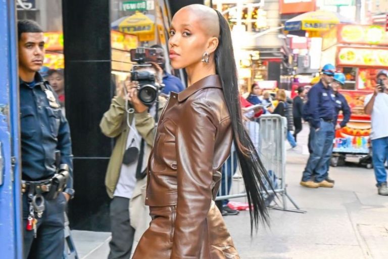 FKA Twigs Struts in a Brown Leather Celine Look with Windowsen Boots While Promoting ‘The Crow’ in New York