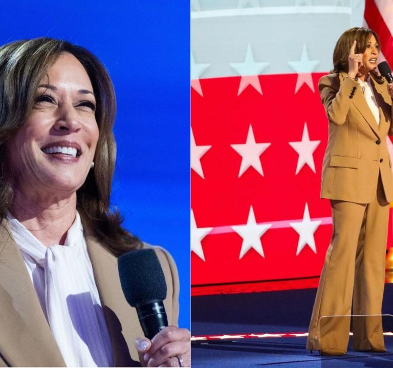 Madam Vice President Kamala Harris wore a Tan Custom Chloe Suit to Day 1 of the 2024 Democratic National Committee