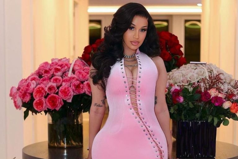 Cardi B Celebrated Her Birthday in a Pink Custom JAGNE Dress with Jimmy Choo Heels and Erin Fader Earrings