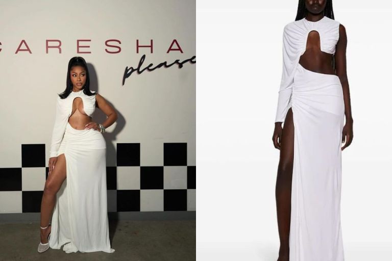 Yung Miami Wore a White Pre-Fall 2024 Christopher Esber ‘Chicane’ Dress  with Alaia Shoes on her Caresha Please Show (Shop The Look Here!)