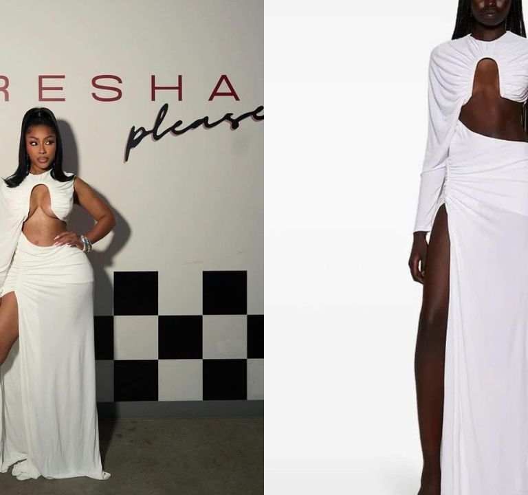 Yung Miami Wore a White Pre-Fall 2024 Christopher Esber ‘Chicane’ Dress  with Alaia Shoes on her Caresha Please Show (Shop The Look Here!)