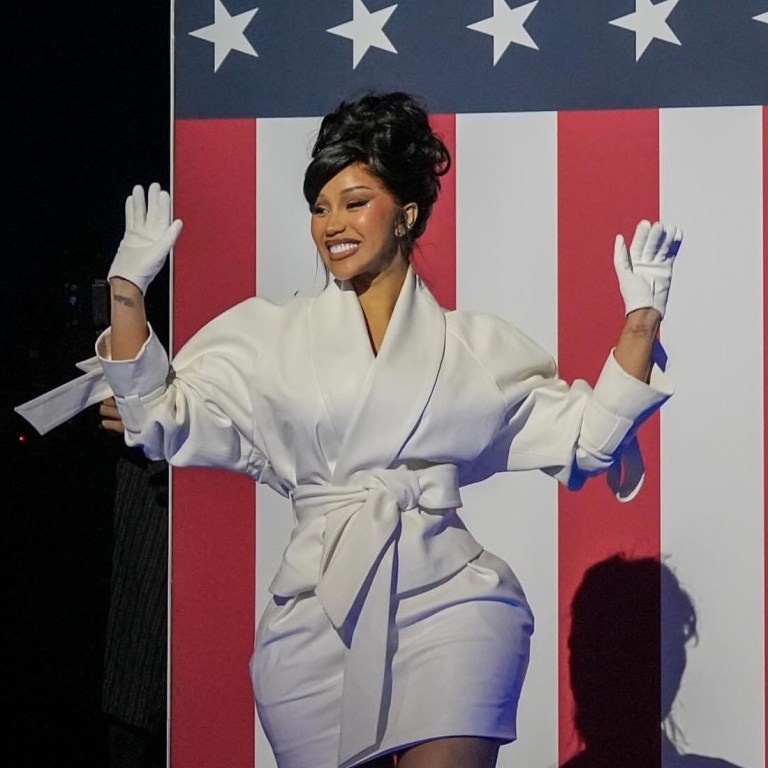 Cardi B Speaks at Kamala Harris Rally in Milwaukee Wearing a White Kristina Fidelskaya Suit and Christian Louboutin Pumps