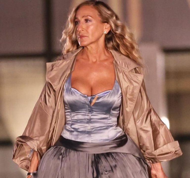 Carrie Bradshaw wore an Archival Vivienne Westwood Look with a Taller Marmo Coat and Aquazzura Heels on the Set of “And Just Like That…”