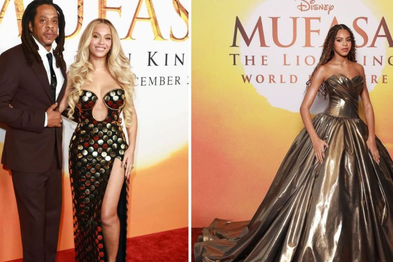 Beyoncé Stuns in a Gold Studded Balmain x Lion King Dress, Blue Ivy Exudes Glamour in a Gold Christian Siriano Gown and Jay-Z Looks Dapper in Fendi at the Disney Mufasa Premiere