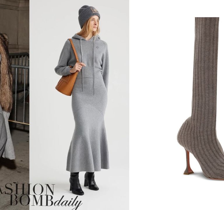 Rihanna Stepped Out in a Grey Patou Look with a Loewe Jacket, Bottega Veneta Sunglasses and Amina Muaddi Knit Boots