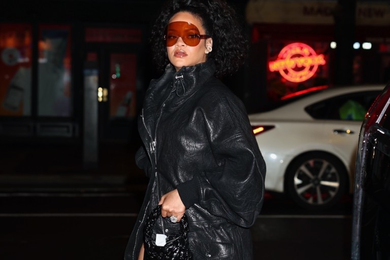 Rihanna Steps out In New York City in Bottega Veneta’s Black Kalimero Bucket Bag
