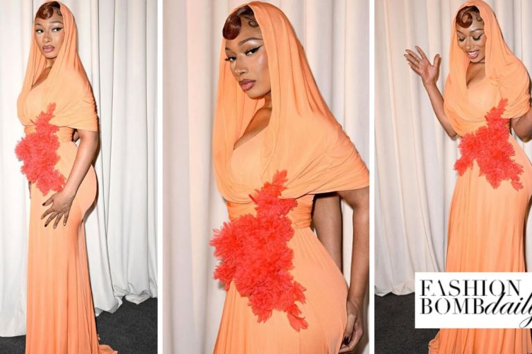Megan Thee Stallion Wears an Orange Giambattista Valli Hooded Gown to the Brand’s SS25 Couture Show