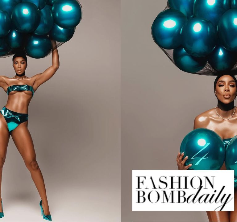 Fashion Bomb Birthday: Kelly Rowland Posed for Her 44th Birthday Shoot in a Blue Metallic Custom Pajtim Raci X Psychward Vision Studio Bathing Suit