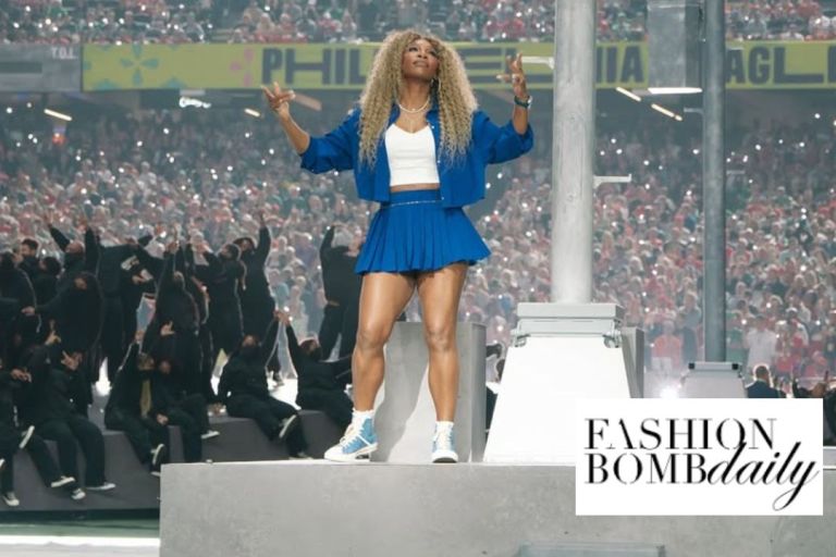 Serena Williams Crip Walks on Stage at the Super Bowl LIX in a Cobalt Blue Nike Crop Jacket and Mini Tennis Skirt