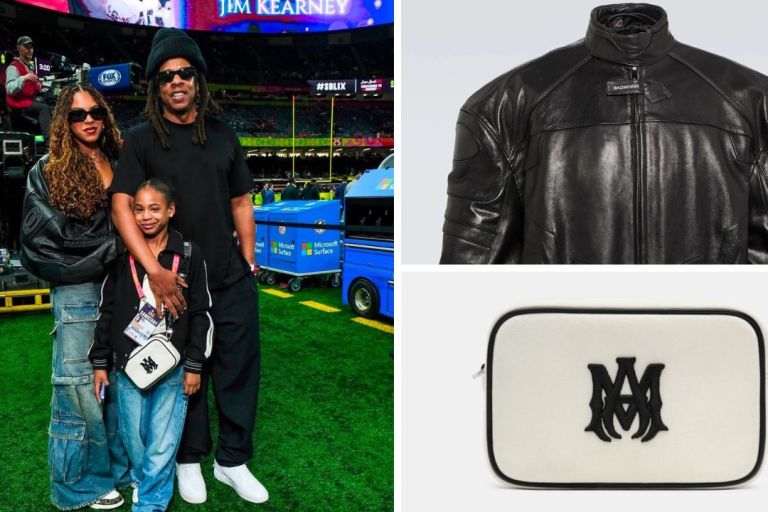 Jay-Z Attended the Superbowl in an All-Black Look with Blue Ivy in a Black Balenciaga Leather Jacket and Rumi Rocking an Off-White Amiri Crossbody