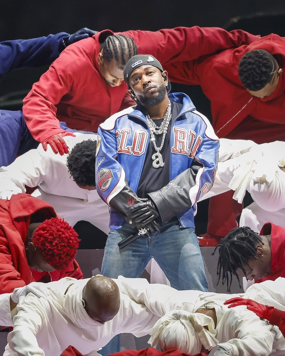 Kendrick Lamar Performed At The Super Bowl LIX In A Blue Custom Martine Rose Leather Jacket And Light Blue Celine Jeans With Nike DT Max 96 Sneakers 10