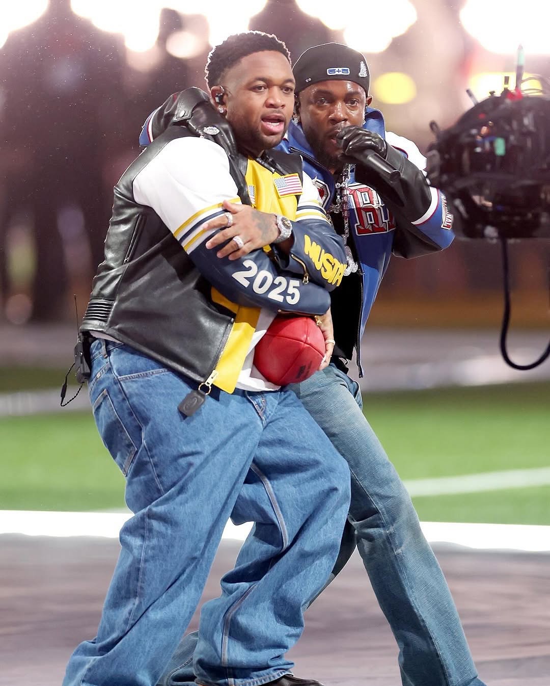 Kendrick Lamar Performed At The Super Bowl LIX In A Blue Custom Martine Rose Leather Jacket And Light Blue Celine Jeans With Nike DT Max 96 Sneakers 6