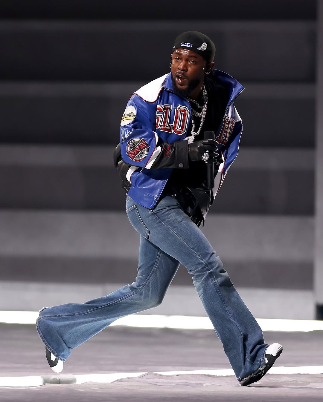 Kendrick Lamar Performed At The Super Bowl LIX In A Blue Custom Martine Rose Leather Jacket And Light Blue Celine Jeans With Nike DT Max 96 Sneakers 7