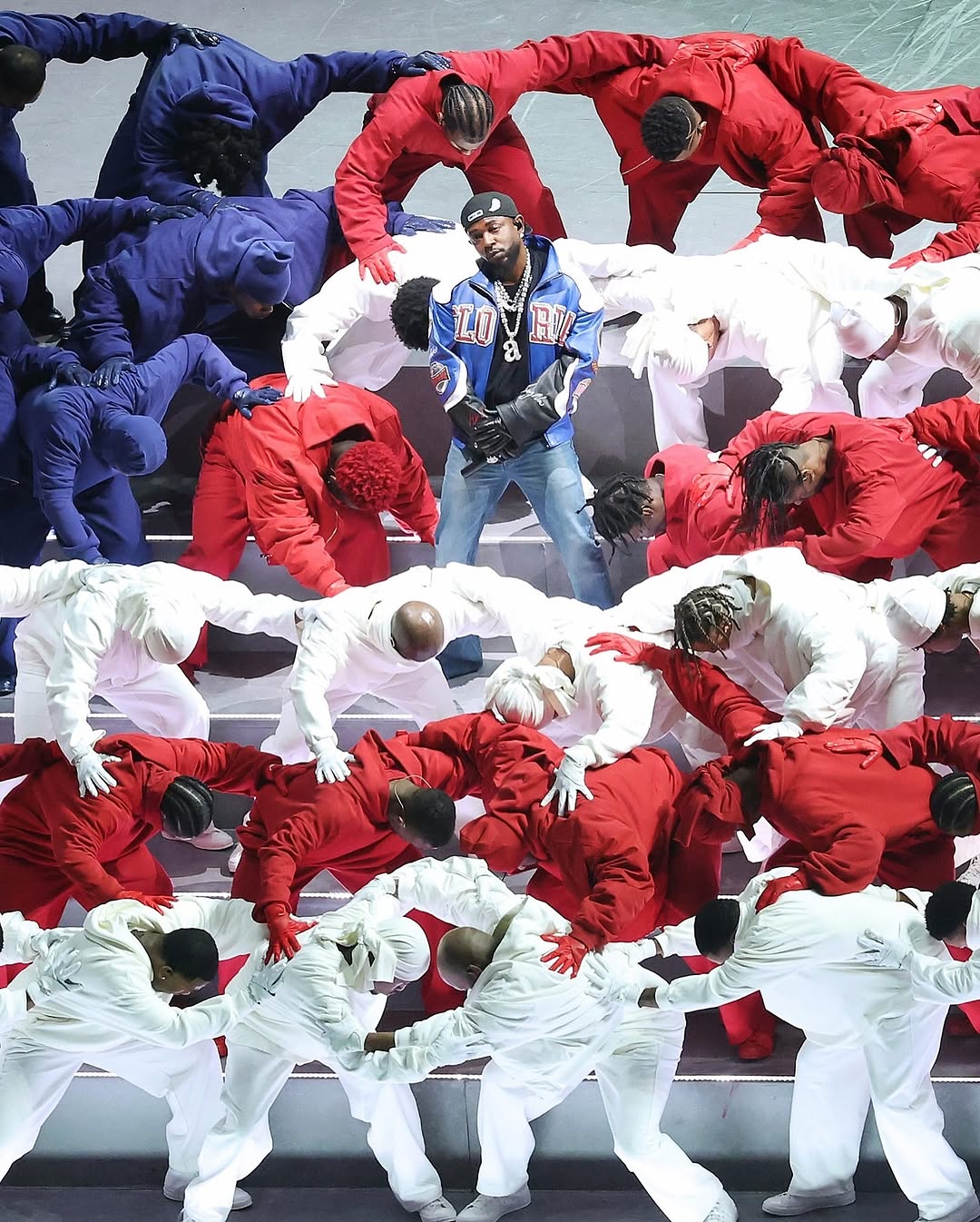Kendrick Lamar Performed At The Super Bowl LIX In A Blue Custom Martine Rose Leather Jacket And Light Blue Celine Jeans With Nike DT Max 96 Sneakers 8