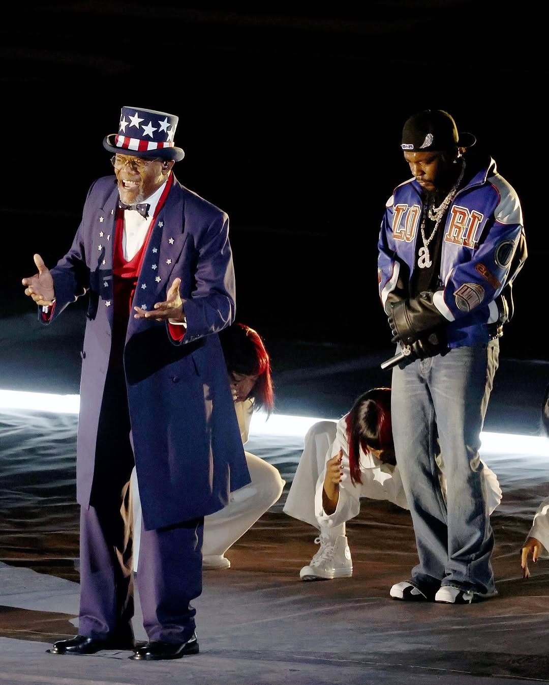 Kendrick Lamar Performed At The Super Bowl LIX In A Blue Custom Martine Rose Leather Jacket And Light Blue Celine Jeans With Nike DT Max 96 Sneakers