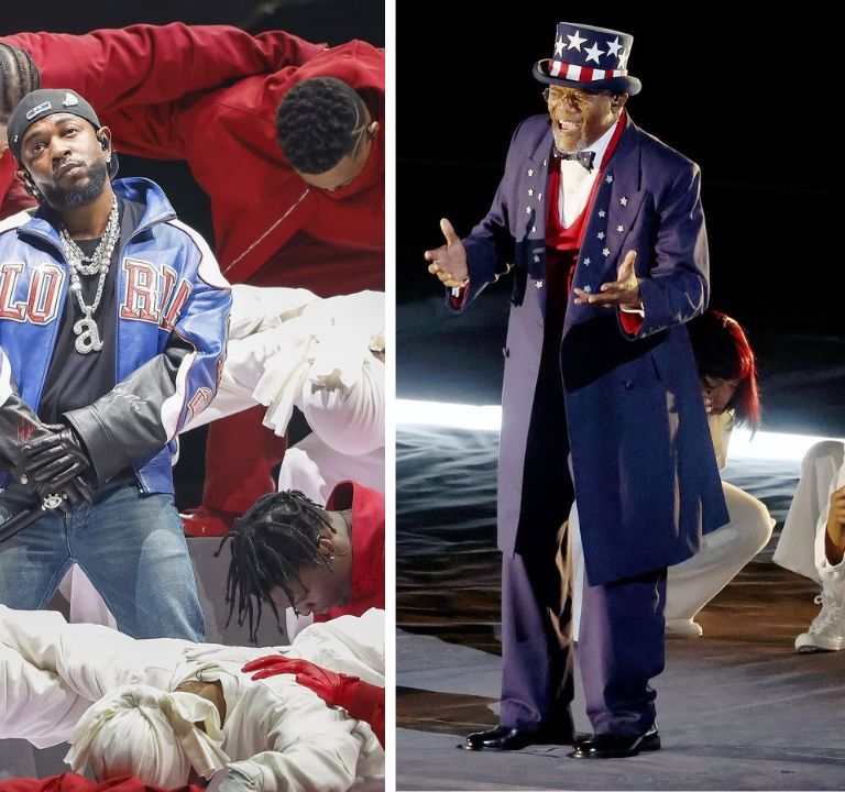 Kendrick Lamar Performed at the Super Bowl LIX in a Custom Blue, White and Red Martine Rose Leather Jacket and Light Blue Celine Jeans