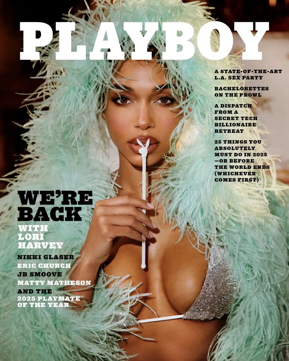 Lori Harvey Poses For The Cover Of Playboy Magazine In A Mint Green Feather Coat And Silver Embellished Bikini More
