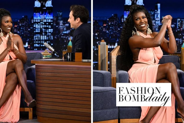Bozoma Saint John Wore a Blush $287 J.Angelique ‘Tori’ Dress with Jessica Rich Heels to The Tonight Show with Jimmy Fallon