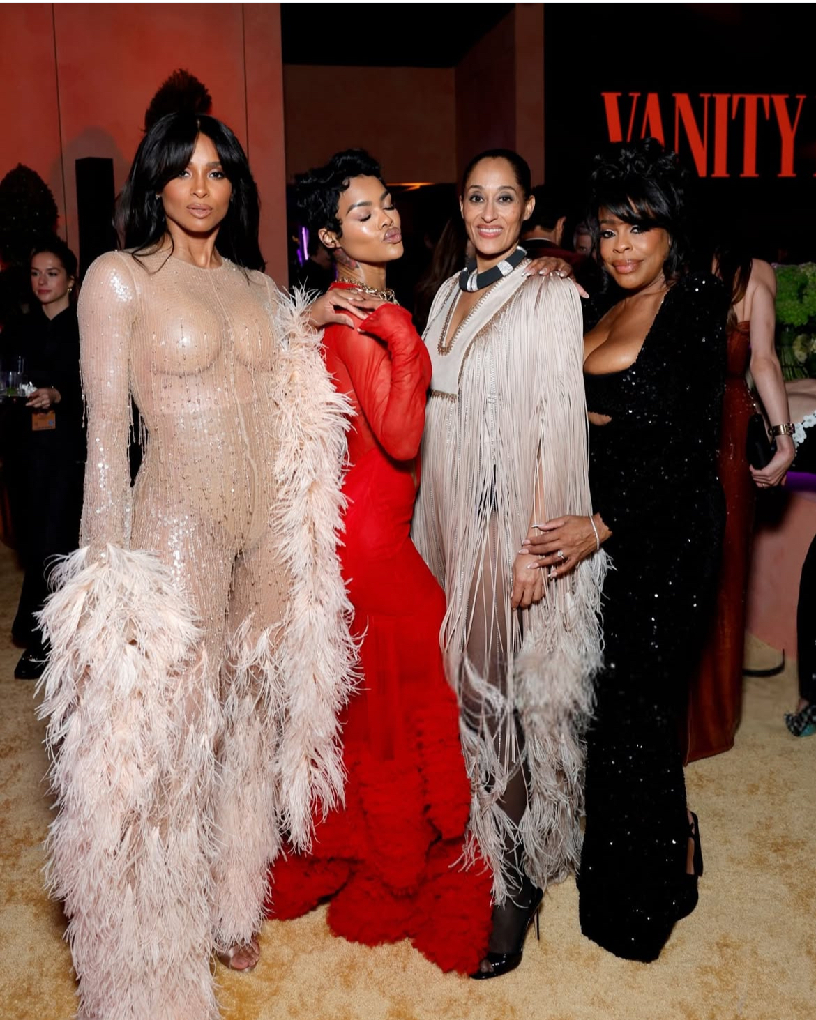 BeautyLifeFun Vanity Fair Oscar Party 2025 Recap Meagan Thee Stallion Looks Sizzling Hot In A Custom Green Feather Gown Halle Berry Stuns In A Silver Christian Siriano Dress 7