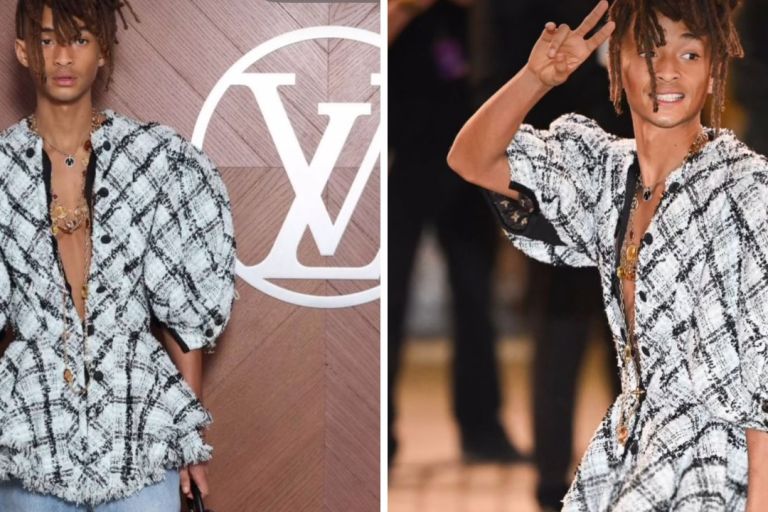 Jaden Smith Wore a Black and White Tweed Louis Vuitton SS25 Blazer with Light Blue Denim Jeans and a Petite Malle bag to Paris Fashion Week