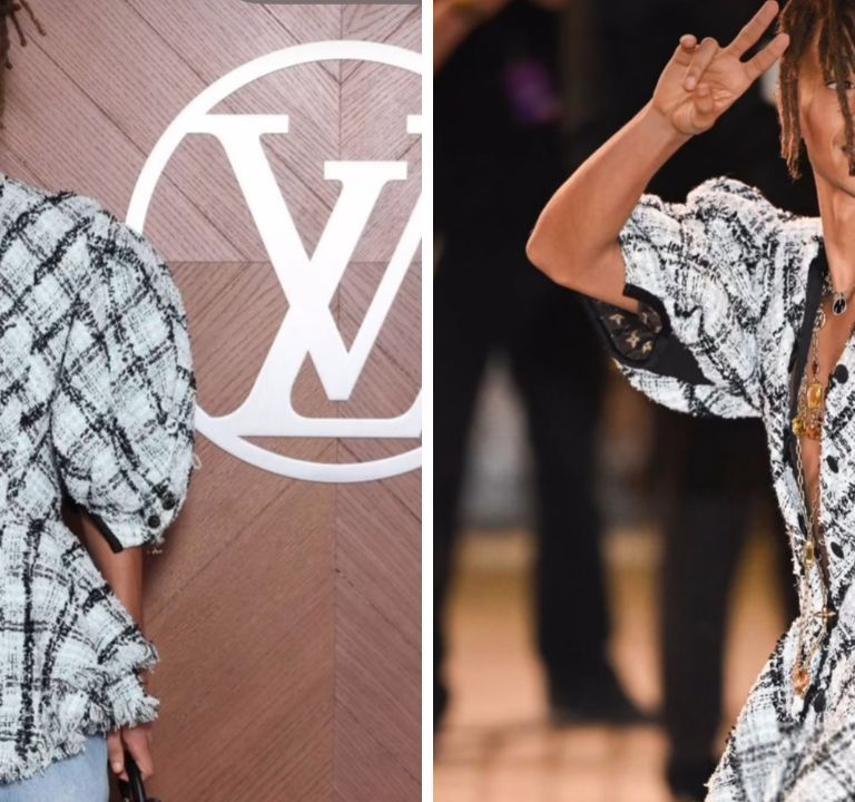 Jaden Smith Wore a Black and White Tweed Louis Vuitton SS25 Blazer with Light Blue Denim Jeans and a Petite Malle bag to Paris Fashion Week
