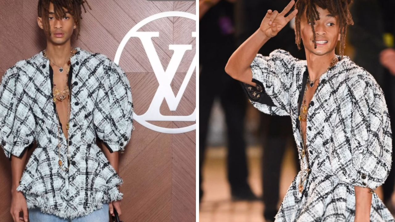 Jaden Smith Wore A Black And White Tweed Louis Vuitton SS25 Blazer With Light Blue Denim Jeans And A Petite Malle Bag To Paris Fashion Week Show 123