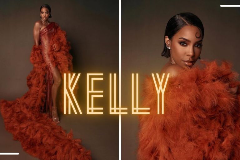 Kelly Rowland Posed in an Orange Chocolate Valdrin Sahiti Gown with Flor De Maria Sandals