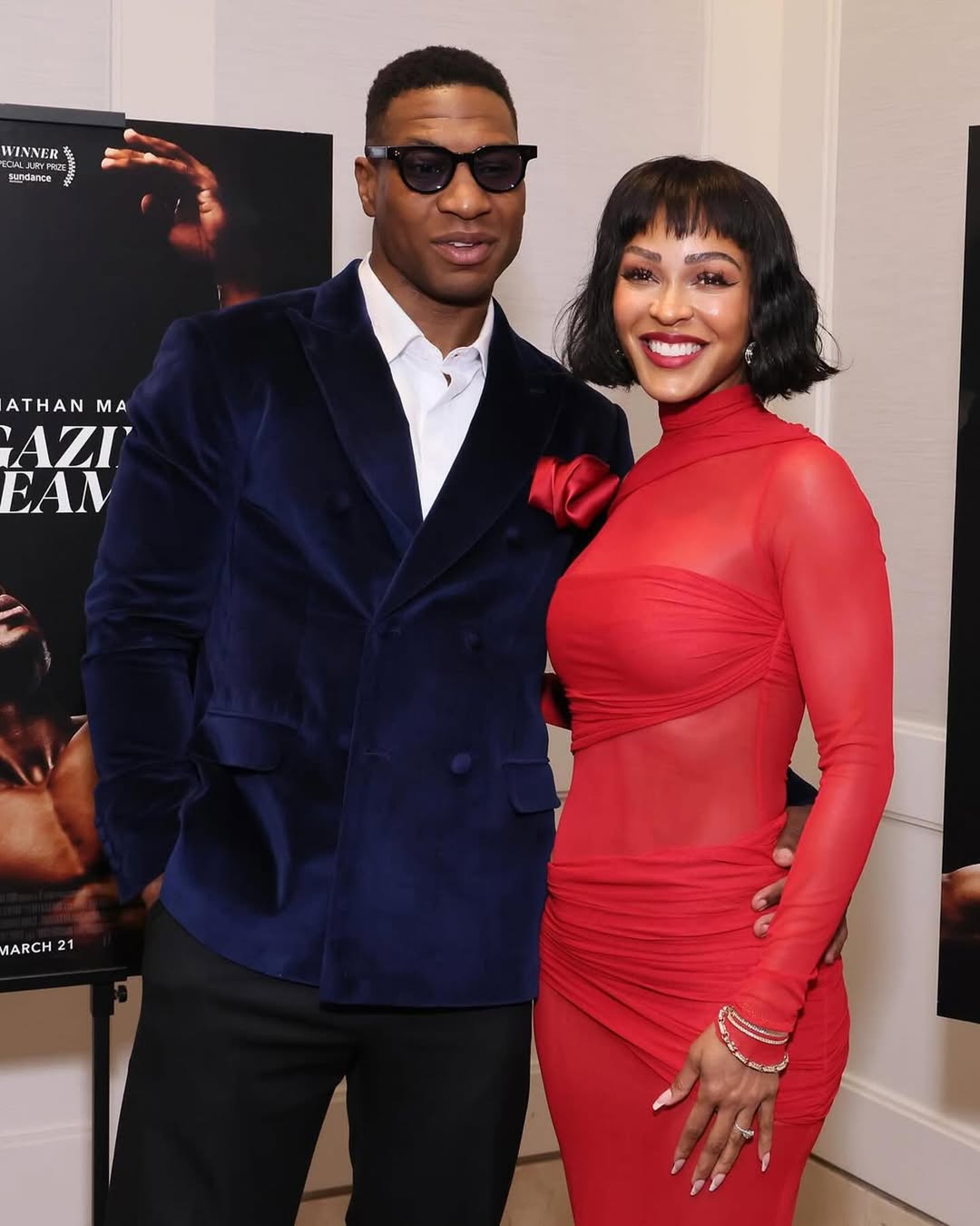 Meagan Good Posed With Her Husband Jonathan Majors In A Red Do Long Official Dress At The Magazine Dreams Screening 2