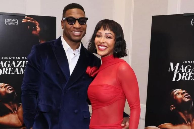 Meagan Good Attends ‘Magazine Dream’ Screening with Husband Jonathan Majors in a Red Do Long Official Dress
