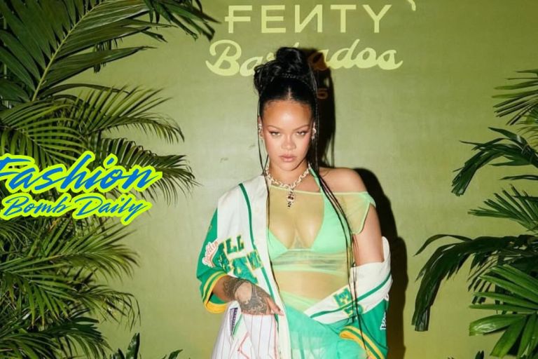 Rihanna Celebrated the Latest Fenty X Puma Collection in a White Pinstripe Jersey and a Seafoam Green Skirt