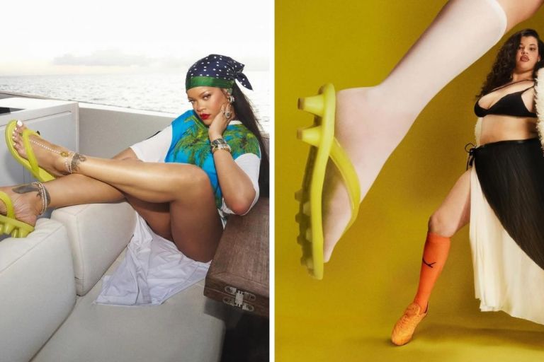 You Ask, We Answer: Rihanna New $90 Lime Sheen FENTY X PUMA “Cat Cleat” Jelly Sandals Are A Summer Essential
