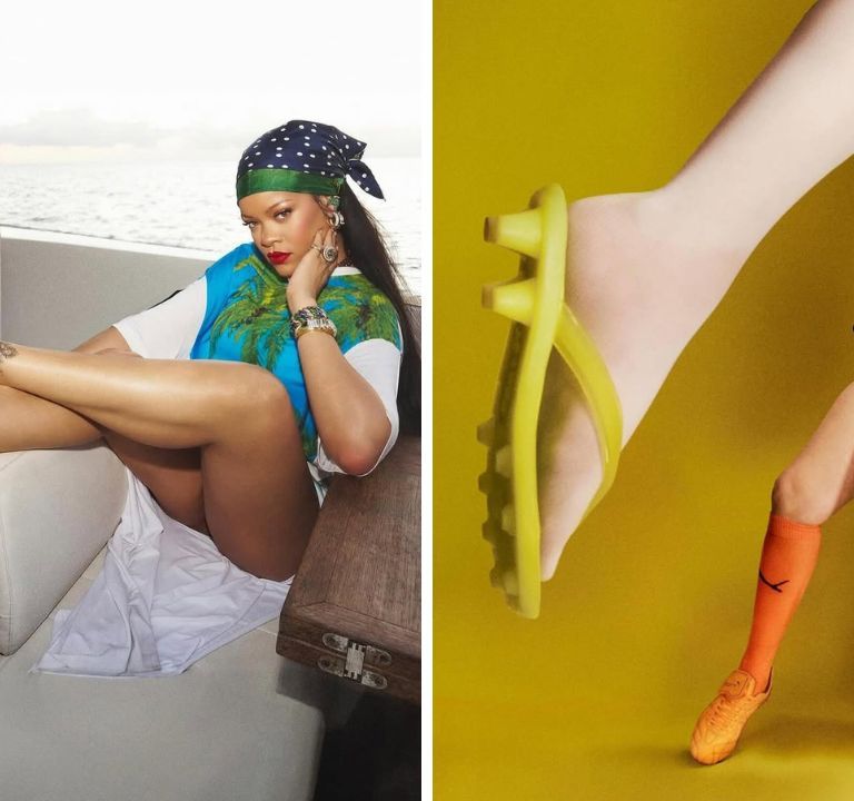 You Ask, We Answer: Rihanna New $90 Lime Sheen FENTY X PUMA “Cat Cleat” Jelly Sandals Are A Summer Essential