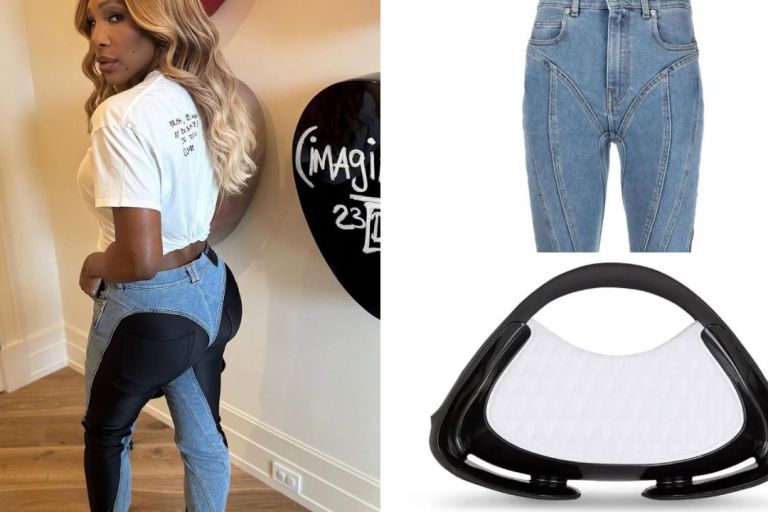 Serena Williams Posed for the ‘Gram in Blue $690 Mugler Jeans and a White $1,295 Balmain ‘Jolie Madame’ Handbag