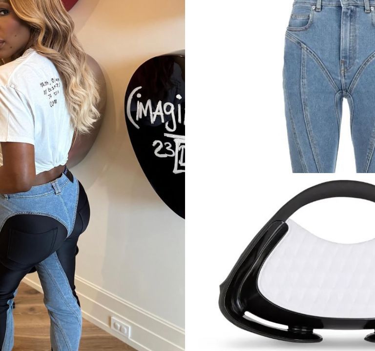 Serena Williams Posed for the ‘Gram in Blue $690 Mugler Jeans and a White $1,295 Balmain ‘Jolie Madame’ Handbag