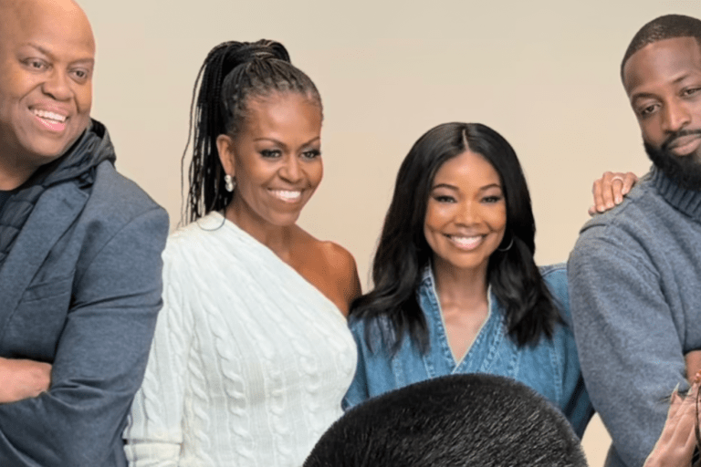 Michelle Obama Wears $790 Ralph Lauren Collection One Sleeve Cream Cable Knit Sweater to Interview Gabrielle Union and Dwyane Wade for IMO Podcast
