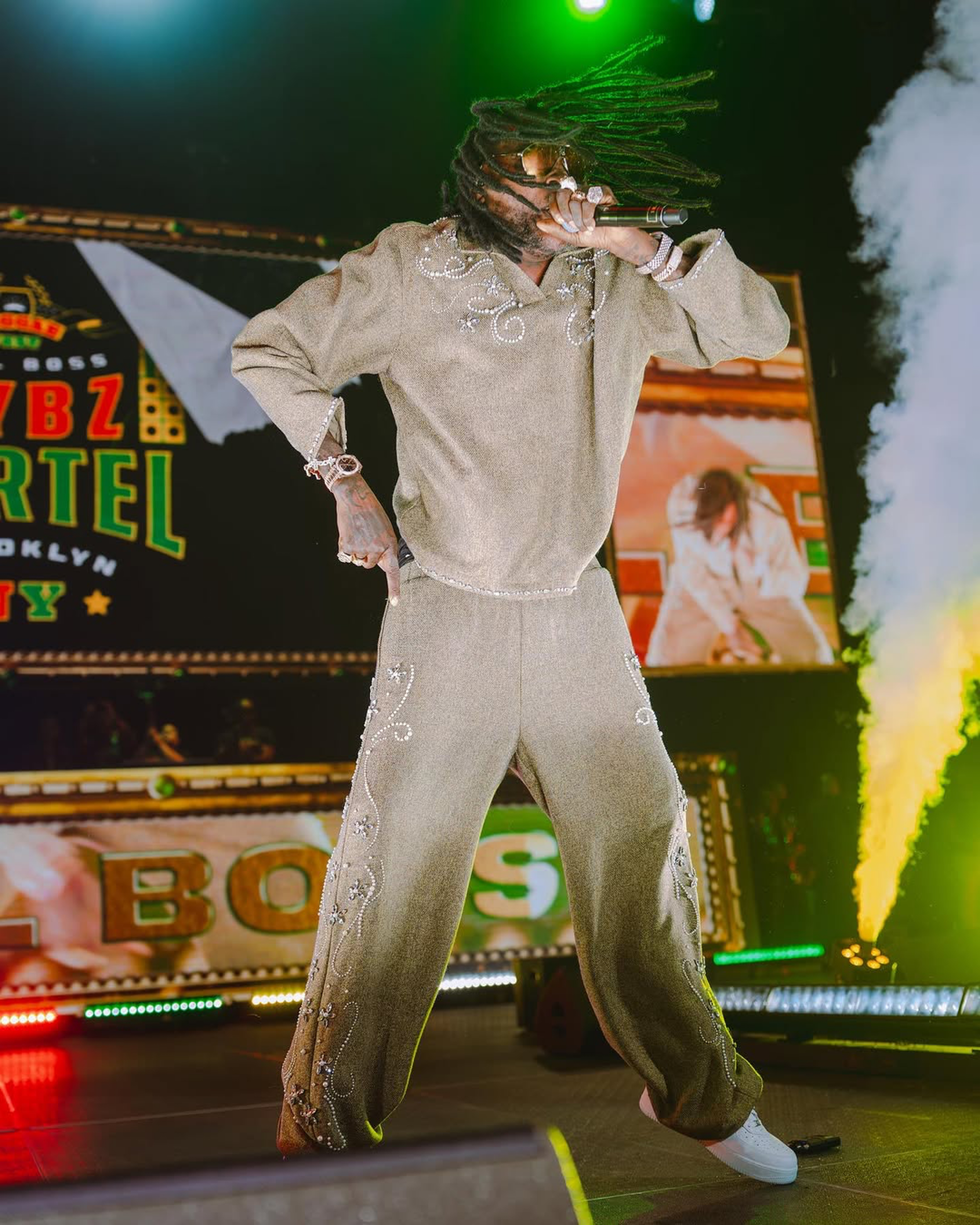 7 Vybz Kartel Wears A Birth Of Royal Child Embellished Sweater Pant Set While Performing At Barclays Center