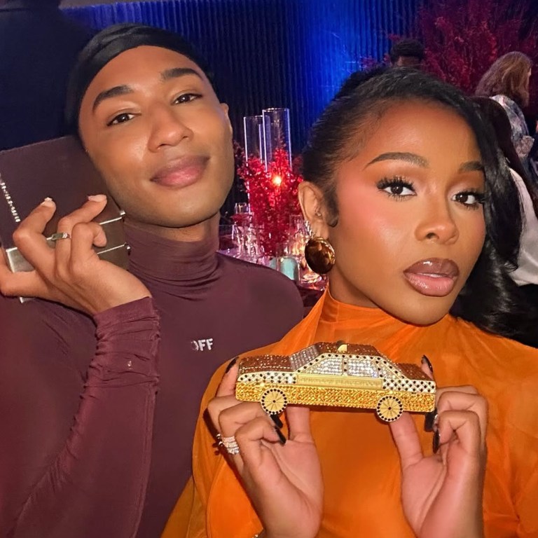 Jayda Cheaves Wears Laquan Smith Orange Spring 2023 Gown and Brandon Blackwood Bomb Accessories to the Black Arts Council Benefit