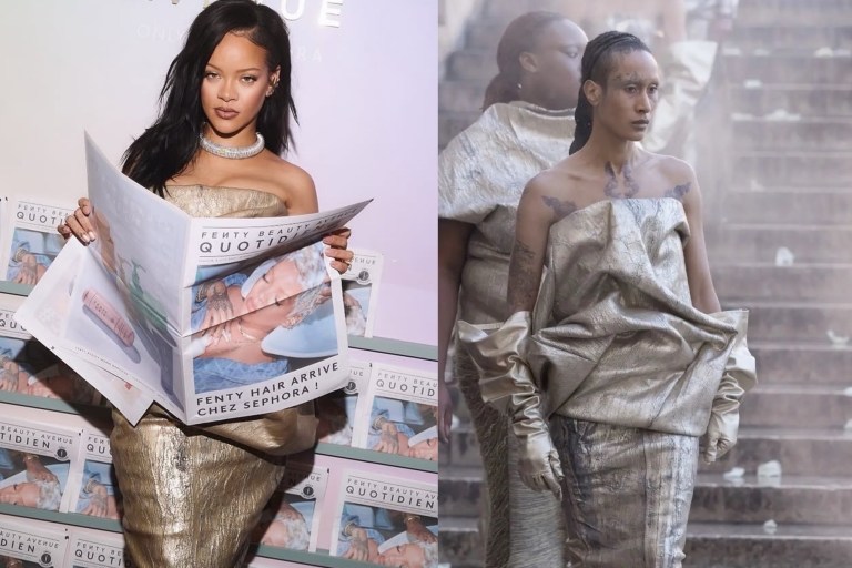 Rihanna Fuels Baby Bump Rumors in Rick Owens Spring 2025 Voluminous Metallic Strapless Dress at Fenty Beauty Event in Paris