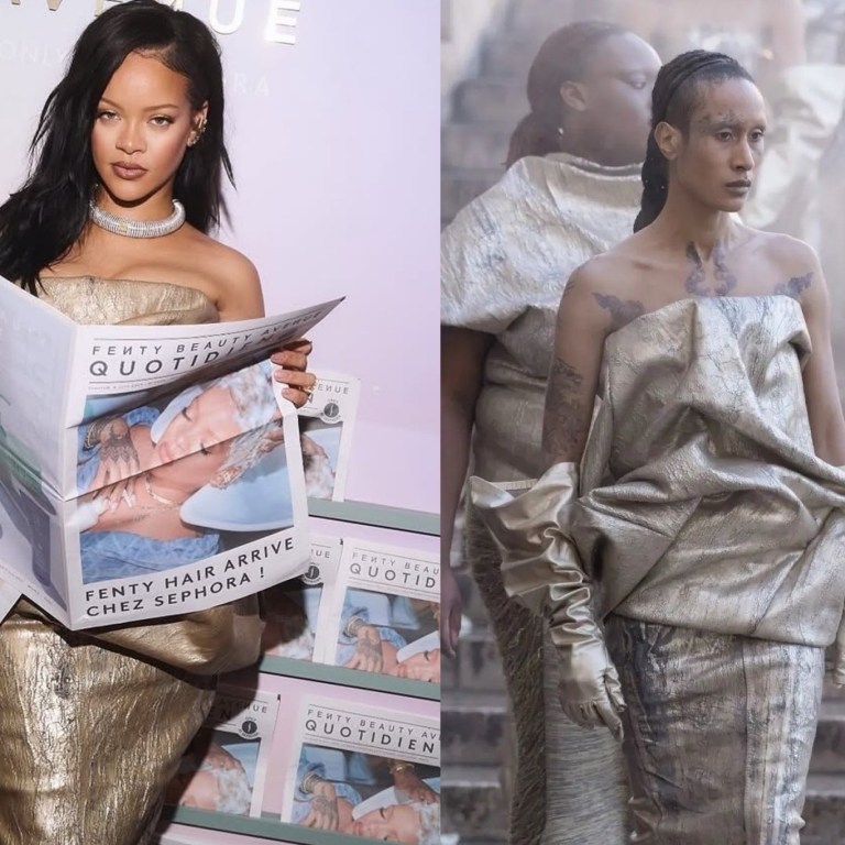 Rihanna Fuels Baby Bump Rumors in Rick Owens Spring 2025 Voluminous Metallic Strapless Dress at Fenty Beauty Event in Paris