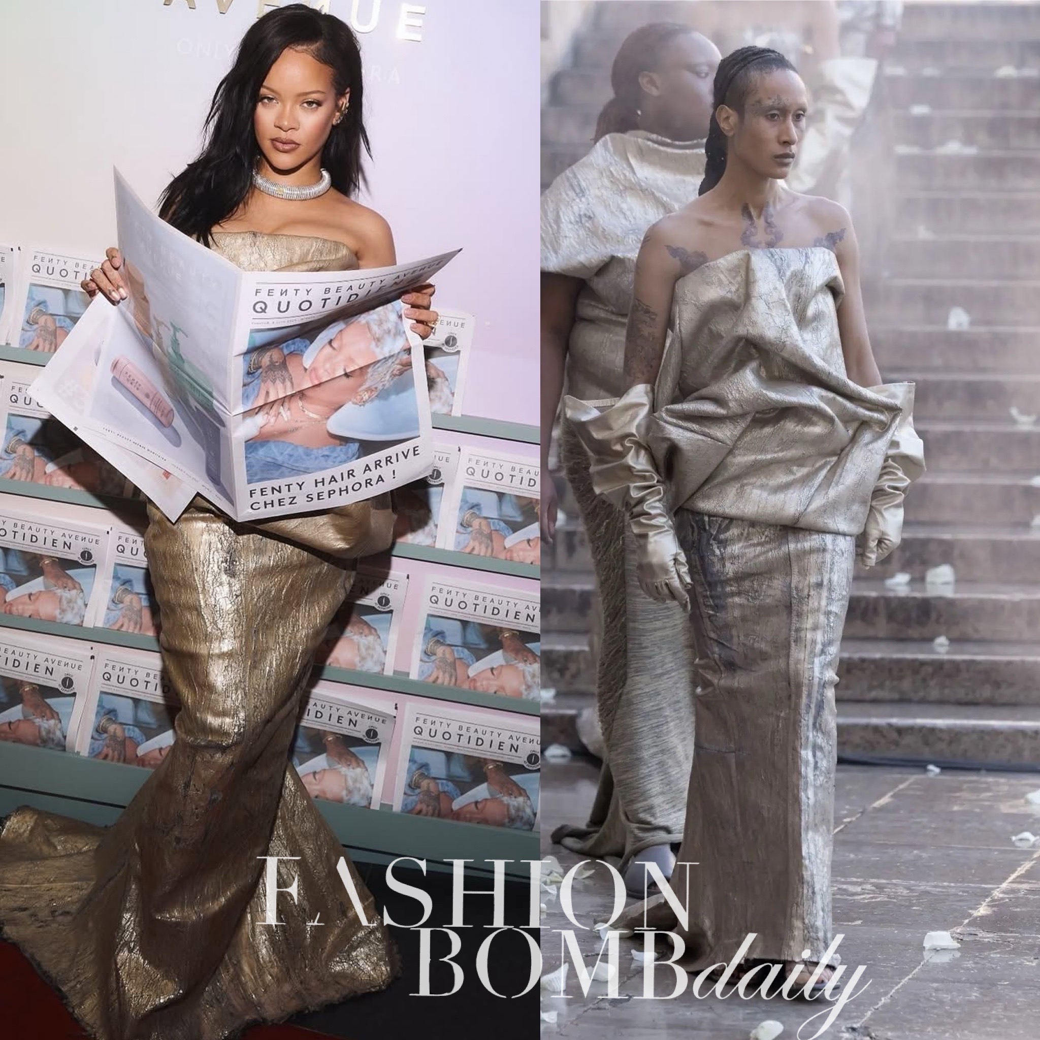 8 Rihanna Fuels Baby Bump Rumors In Rick Owens Spring 2025 Voluminous Metallic Strapless Dress At Fenty Beauty Event In Paris