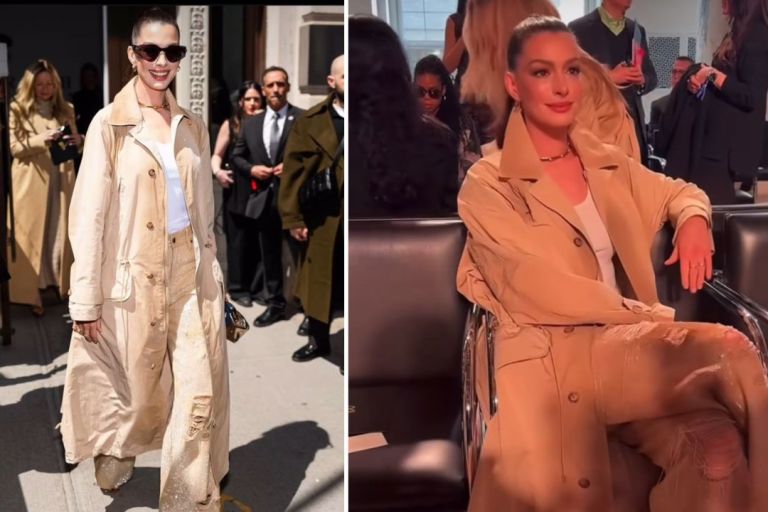 Anne Hathaway Attended the Ralph Lauren FW ’25 Show in a Khaki Trench Coat  and Sequined Jeans