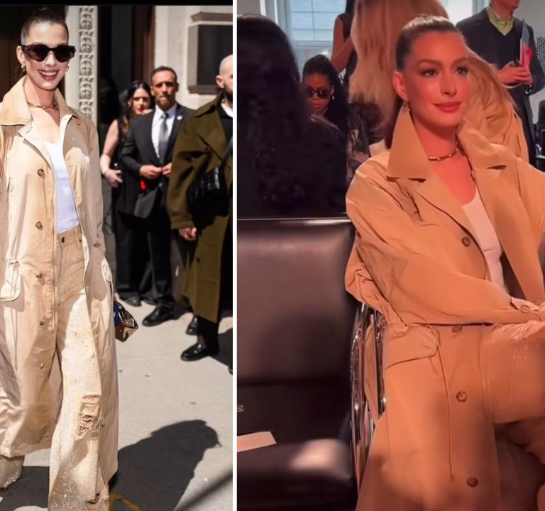 Anne Hathaway Attended the Ralph Lauren FW ’25 Show in a Khaki Trench Coat  and Sequined Jeans