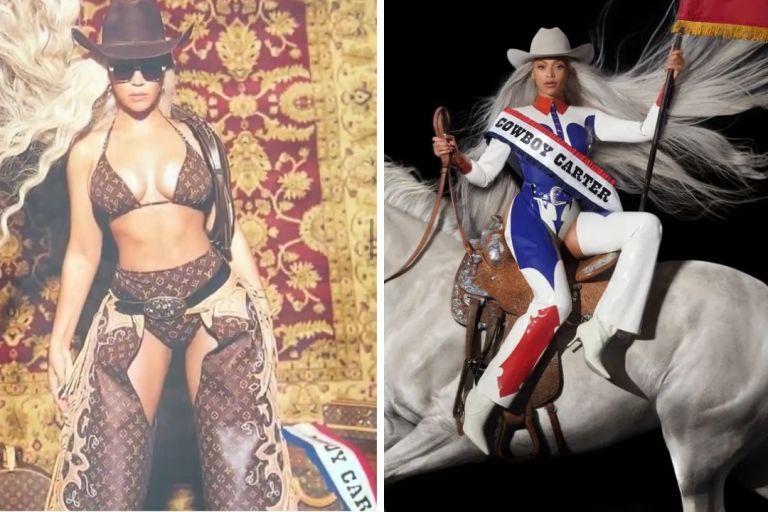 Beyonce Promotes the ‘Cowboy Carter’ Tour in a Brown Louis Vuitton Monogram Bikini with Matching Chaps