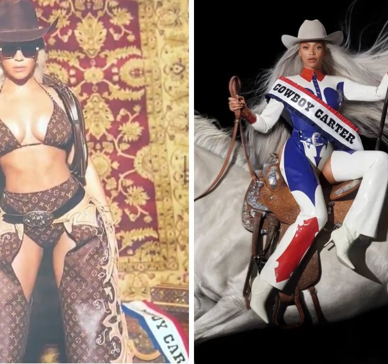 Beyonce Promotes the ‘Cowboy Carter’ Tour in a Brown Louis Vuitton Monogram Bikini with Matching Chaps