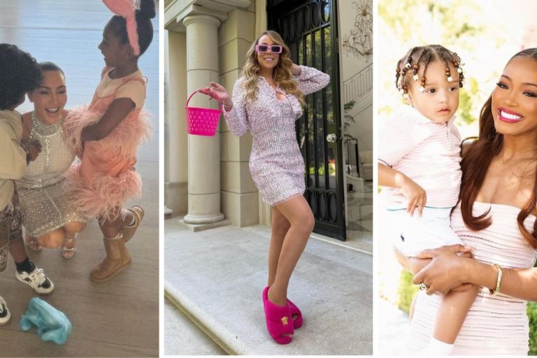 Fashion Bomb Easter Looks 2025: Kim Kardashian in a White $13,300 Miu Miu Dress, KeKe Palmer in a Blush $3,390 Balmain Dress, and Mariah Carey in a Pink Embellished Chanel Set