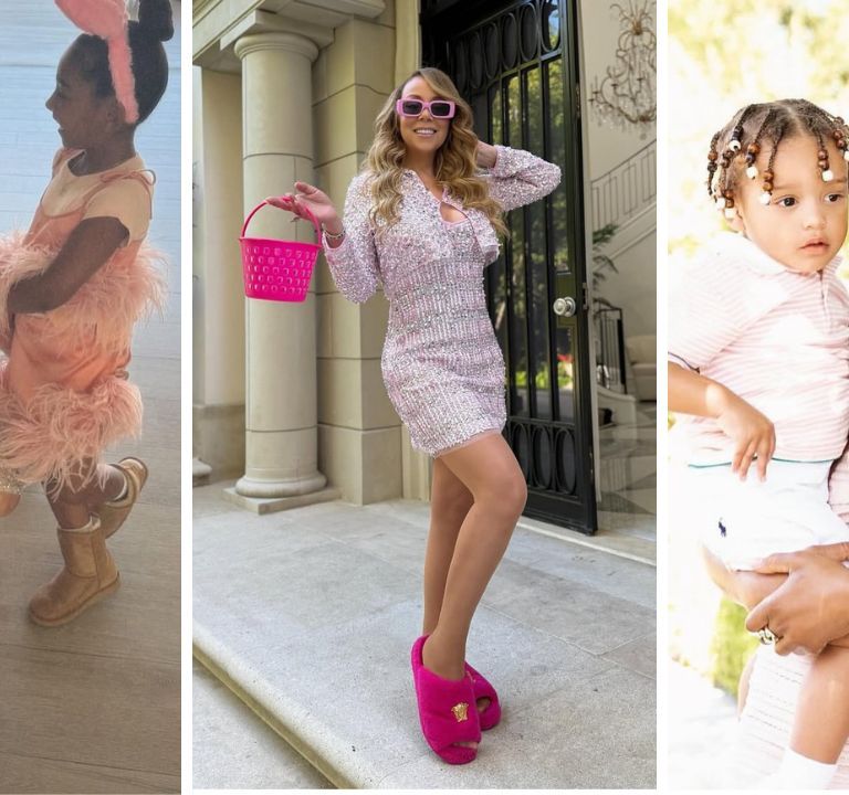 Fashion Bomb Easter Looks 2025: Kim Kardashian in a White $13,300 Miu Miu Dress, KeKe Palmer in a Blush $3,390 Balmain Dress, and Mariah Carey in a Pink Embellished Chanel Set