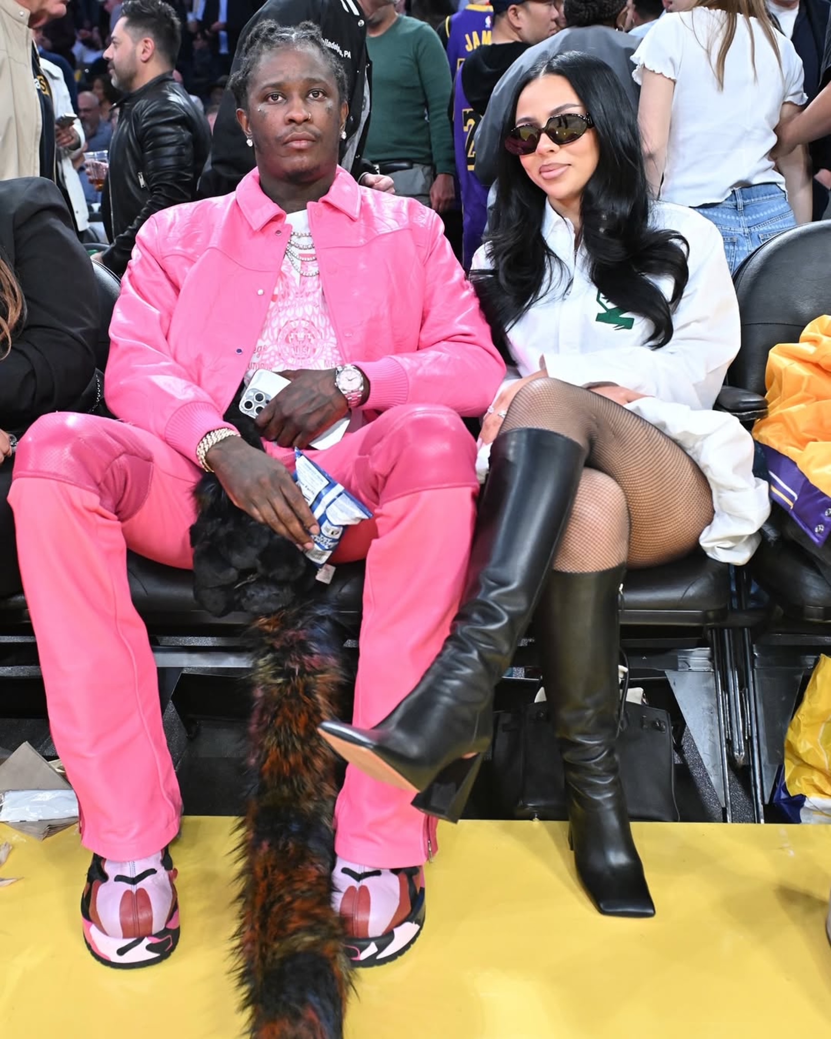 Mariah The Scientists Courtside Basketball With Young Thug Wearing A 740 Coperni Gathered Hem Shirt Dress And Amina Muaddi Boots