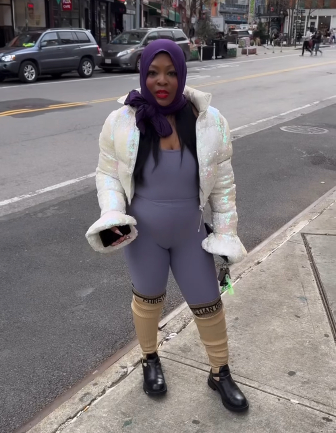 Onijah Robinson Was Spotted In A Purple Savage X Fenty Set With A White Sequins Jacket And Christian Dior Boots 1